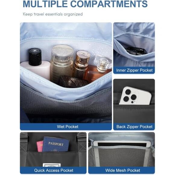 Travel Duffel Bag - Weekender, Overnight Gym Carry On Tote with Wet Pocket - Picture 3 of 8